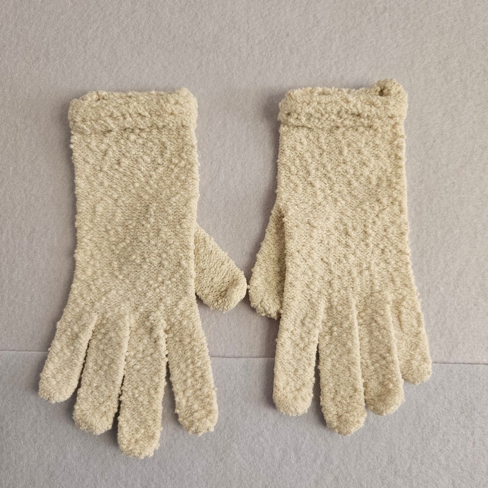 Vintage Cream Popcorn Knit Gloves Off White Winter Warm Soft Cozy One Size